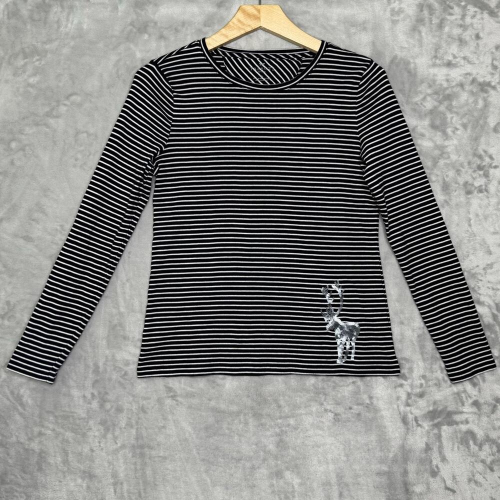 Talbots Shirt Womens Medium Petite Black White Stripe Sequin Reindeer Pima Crew